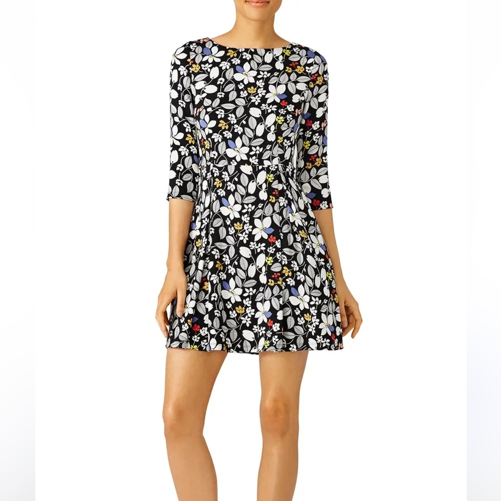 SUNO Crisp Floral Black A-Line Dress with Cuffed 3/4 Sleeves Dress